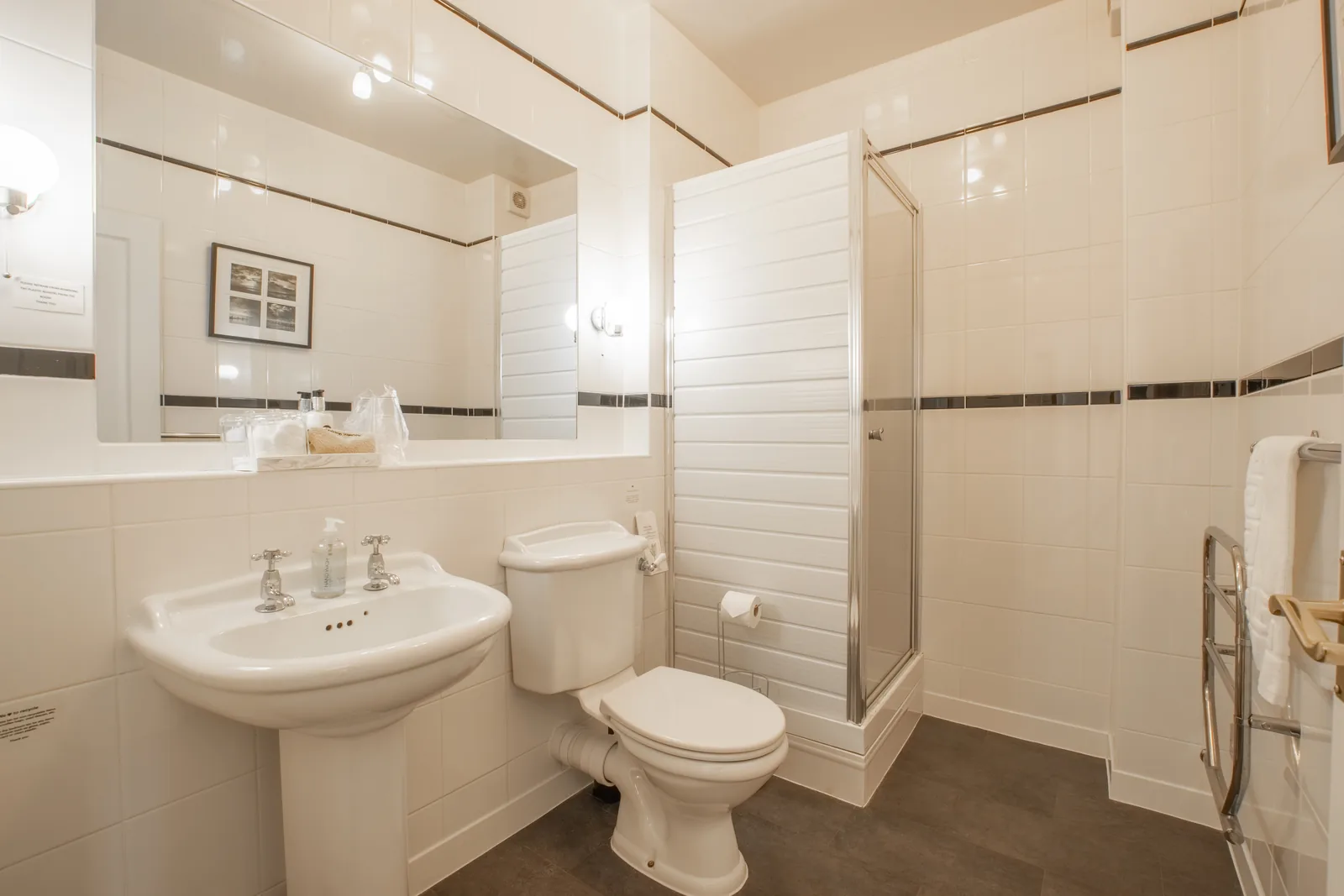 Adcote Suite, Room 3: the en-suite, with a shower, basin, WC and heated towel rail