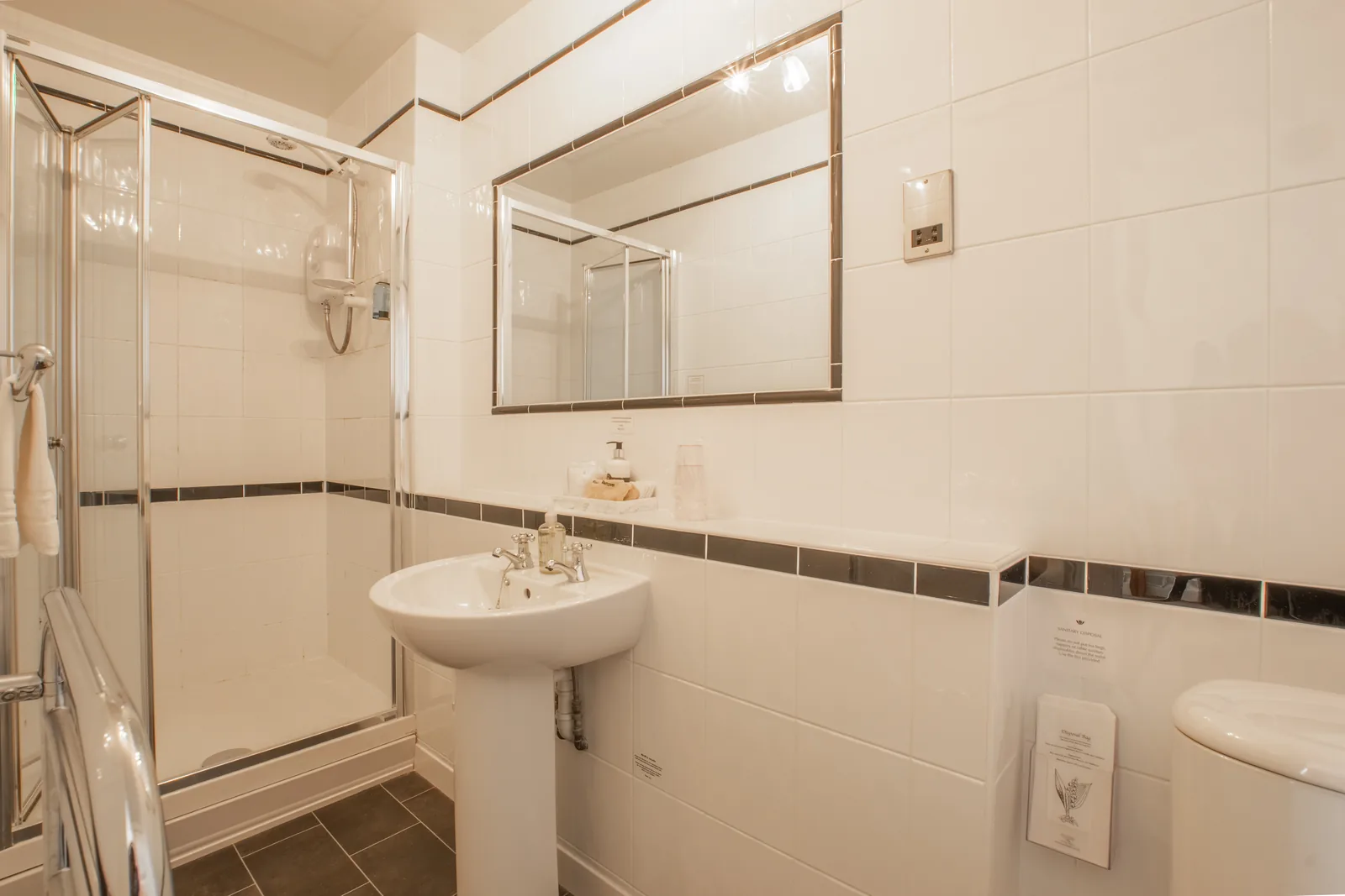 Conwy Studio, Room 6: the en-suite, with a shower, basin and mirror