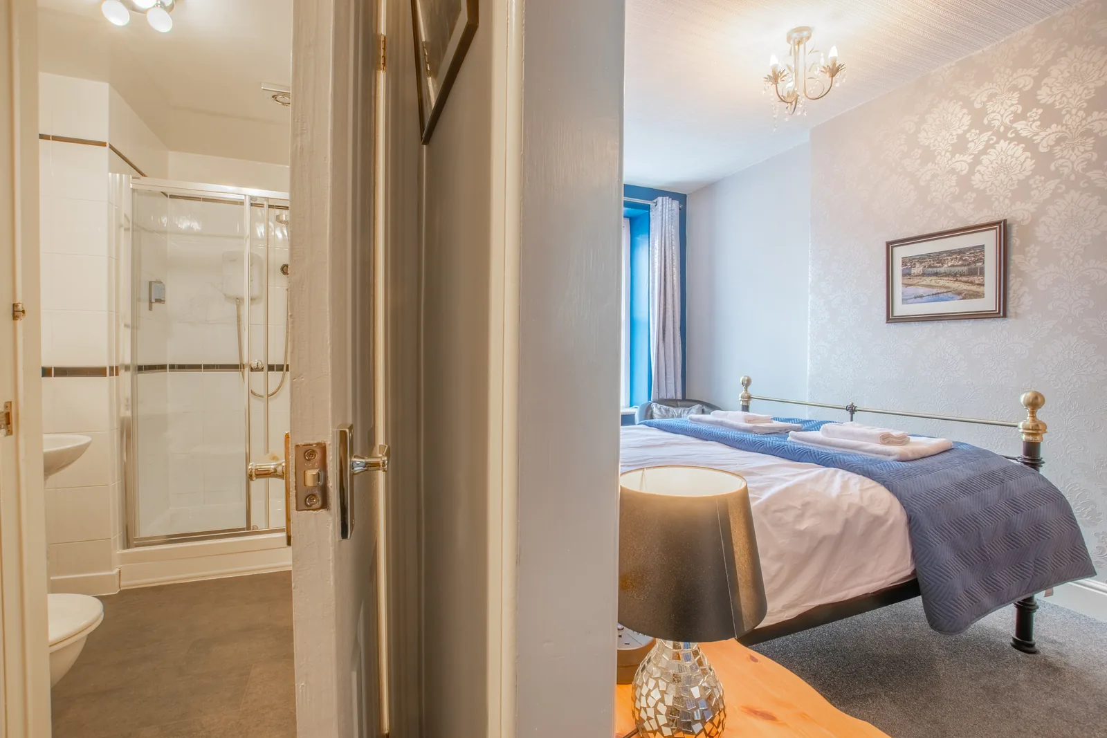 Harlech, Room 7: the bedroom with the en-suite door open